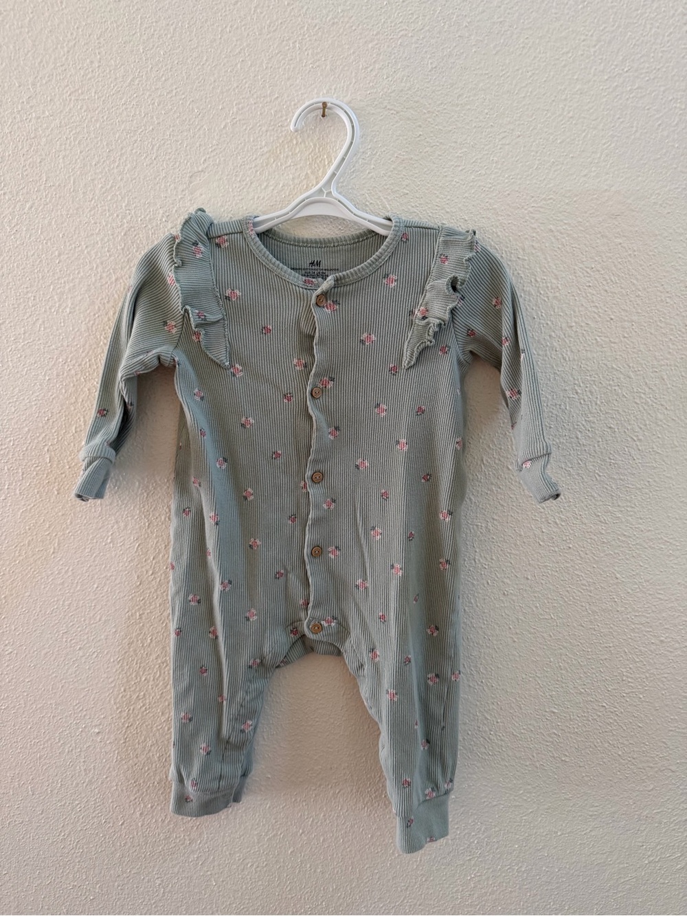 H&M Sage Green Ribbed Footie with Pink Floral Print